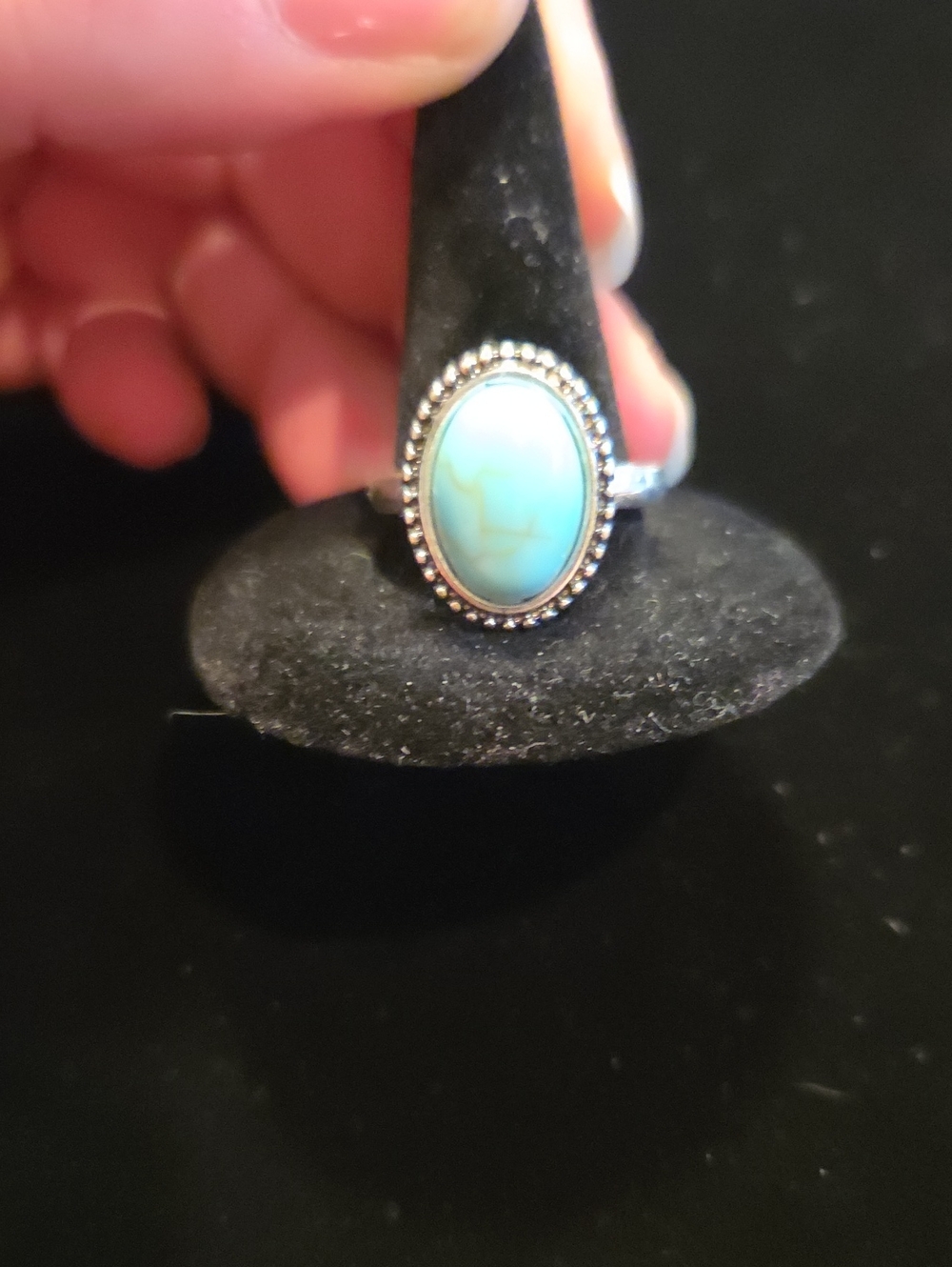 SILVER-TONE RING WITH TURQUOISE LOOK STONE